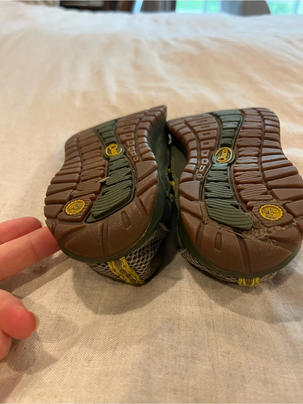 Chaco kids Athletic Trail Shoes in Olive Green and Yellow Accent